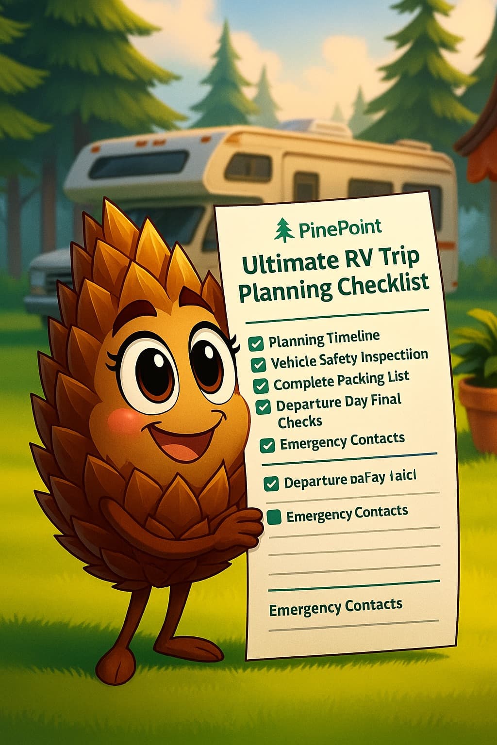 Chip the Pine Cone holding the RV Trip Planning Checklist